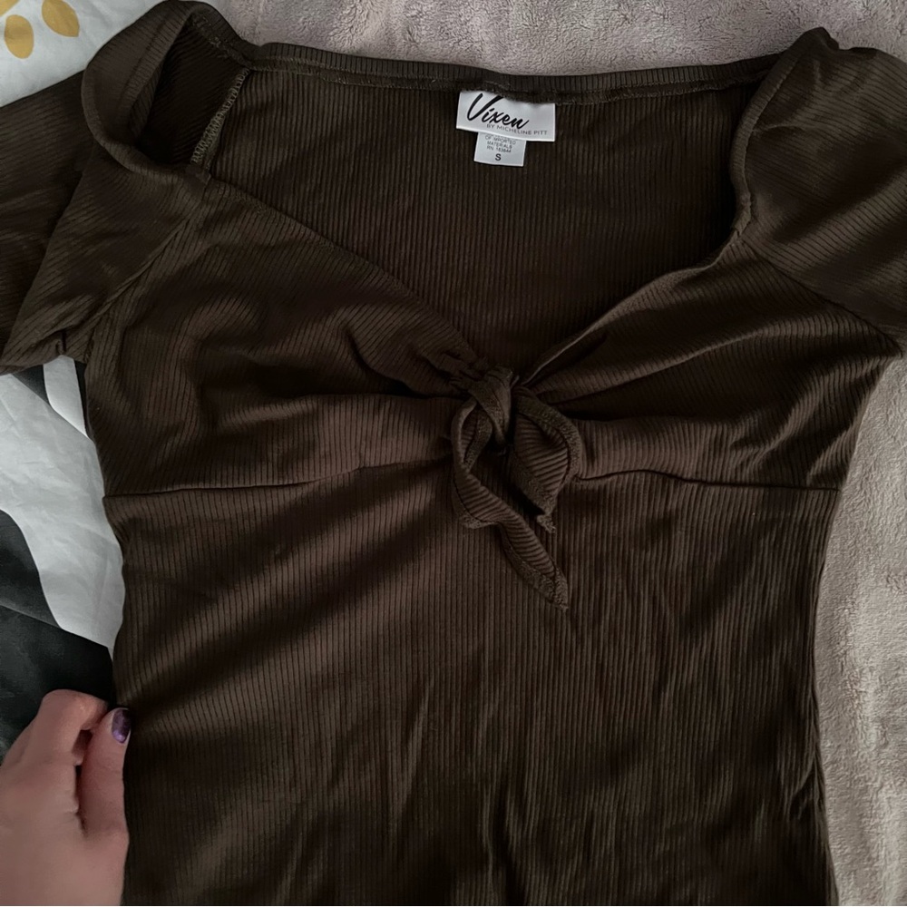 Vixen Olive Green Tie-Front Ribbed Top